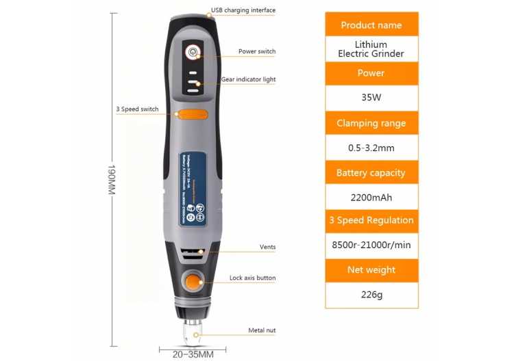 35W USB Cordless Rotary Tool Dremel DIY Mini Drill Engraving Pen Electric 3 Speed Mini Wireless Drill Set 8500r-21000r/min 1420